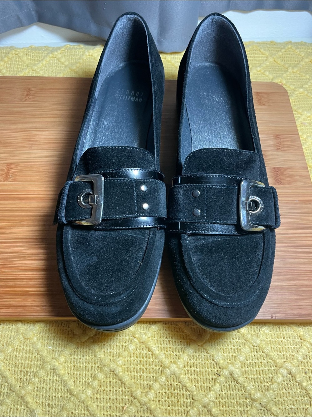Stuart Weitzman Black Suede Loafers with Silver Buckle - Picture 2 of 10